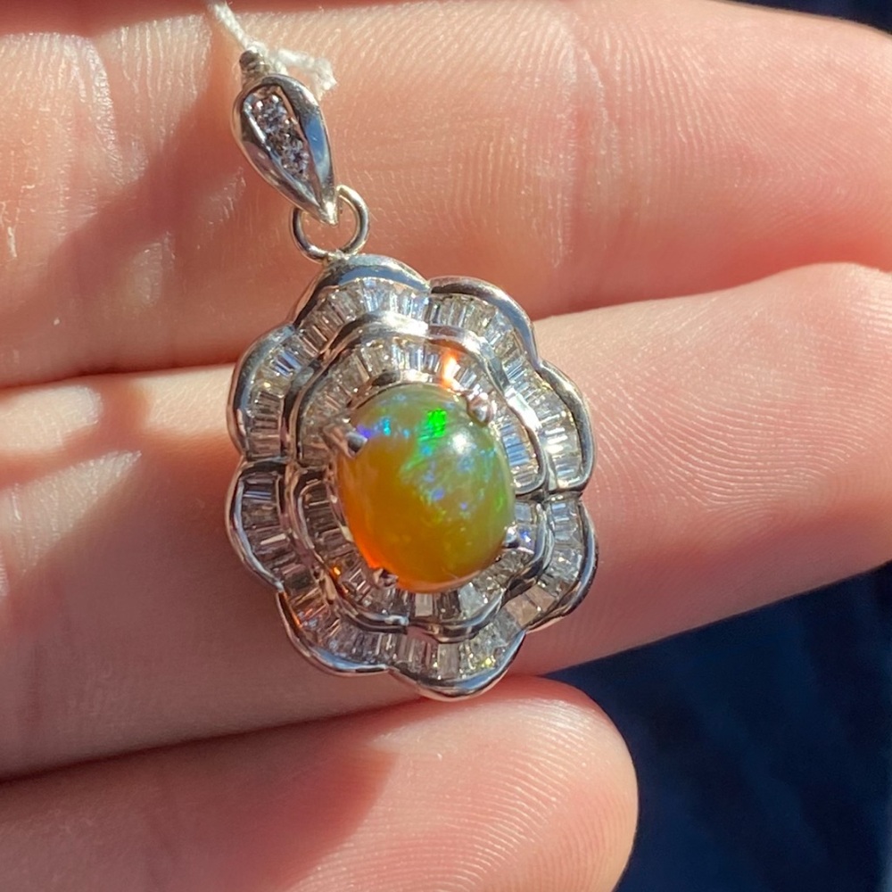 18k white gold Ethiopian Opal and natural diamond pendant / pearl enhancer